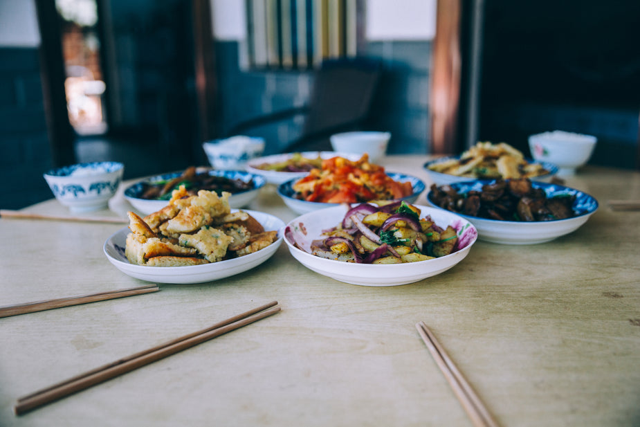 Modern table spread traditional Chinese breakfast ingredients