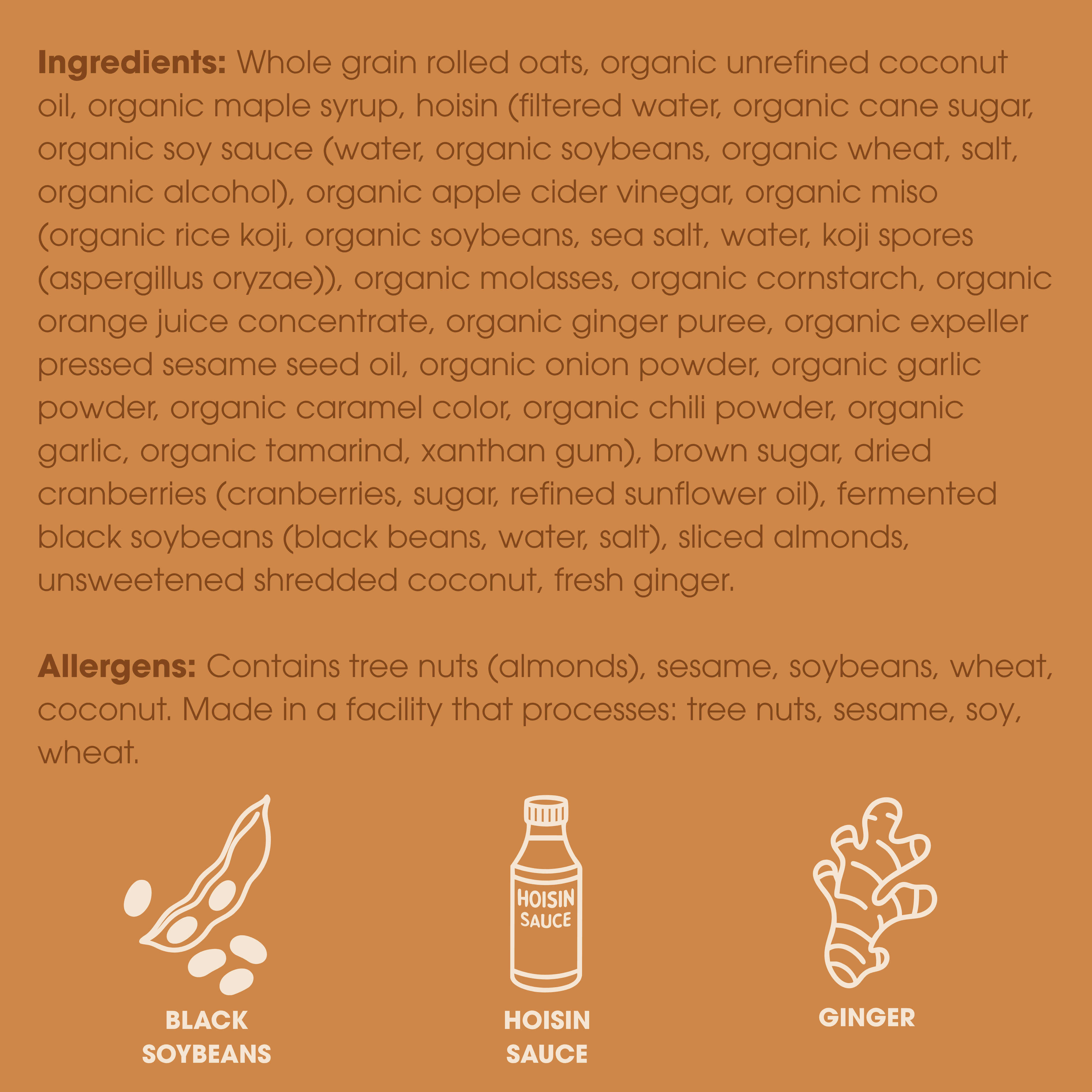 List of ingredients and allergens on a brown background with icons for black soybeans, hoisin sauce, and ginger.