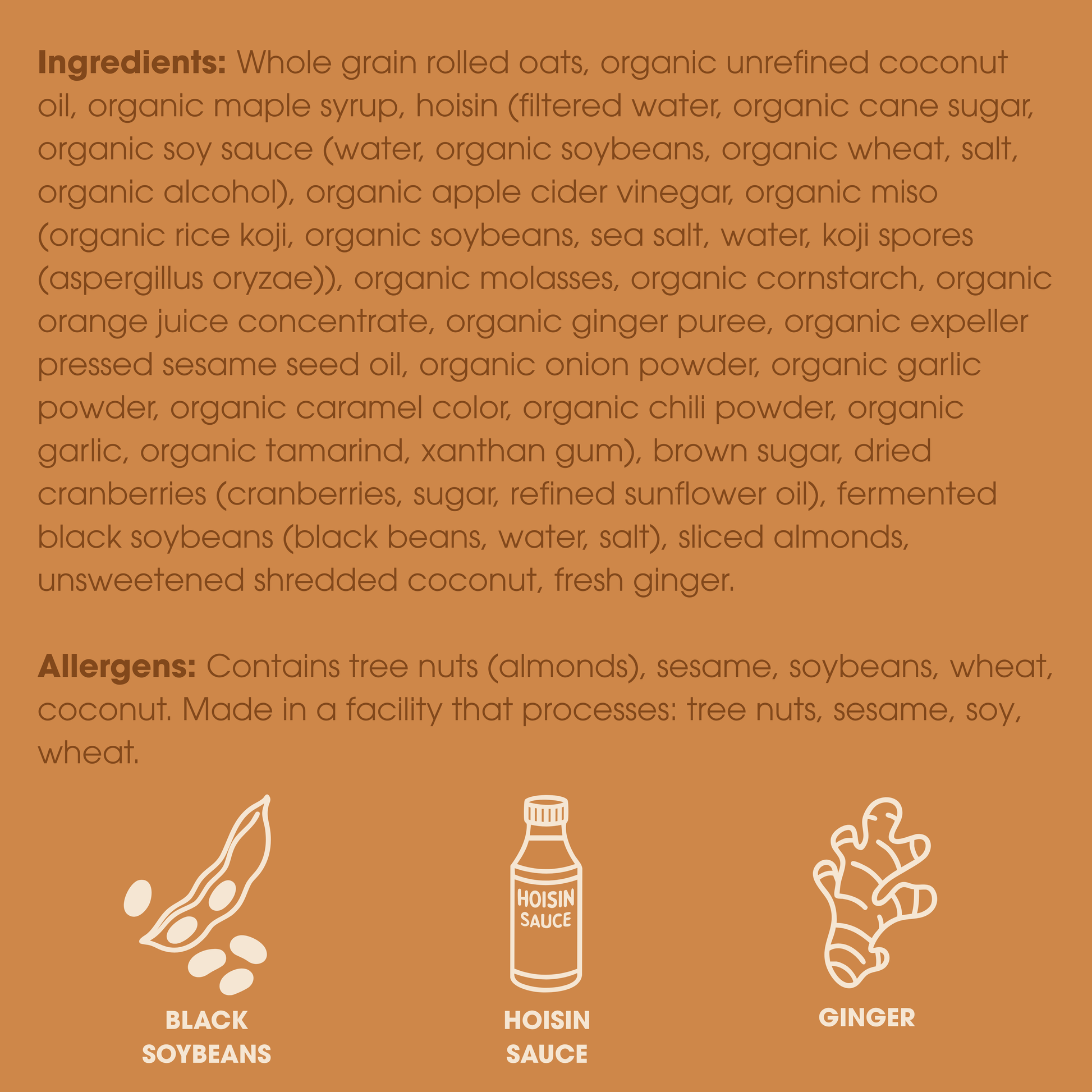 List of ingredients and allergens on a brown background with icons for black soybeans, hoisin sauce, and ginger.
