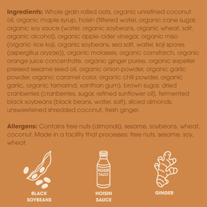 List of ingredients and allergens on a brown background with icons for black soybeans, hoisin sauce, and ginger.