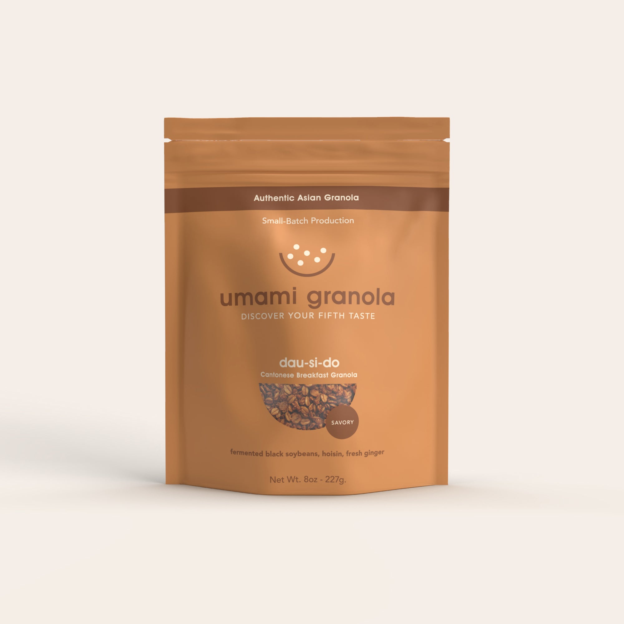 Umami Granola packaging on a beige background