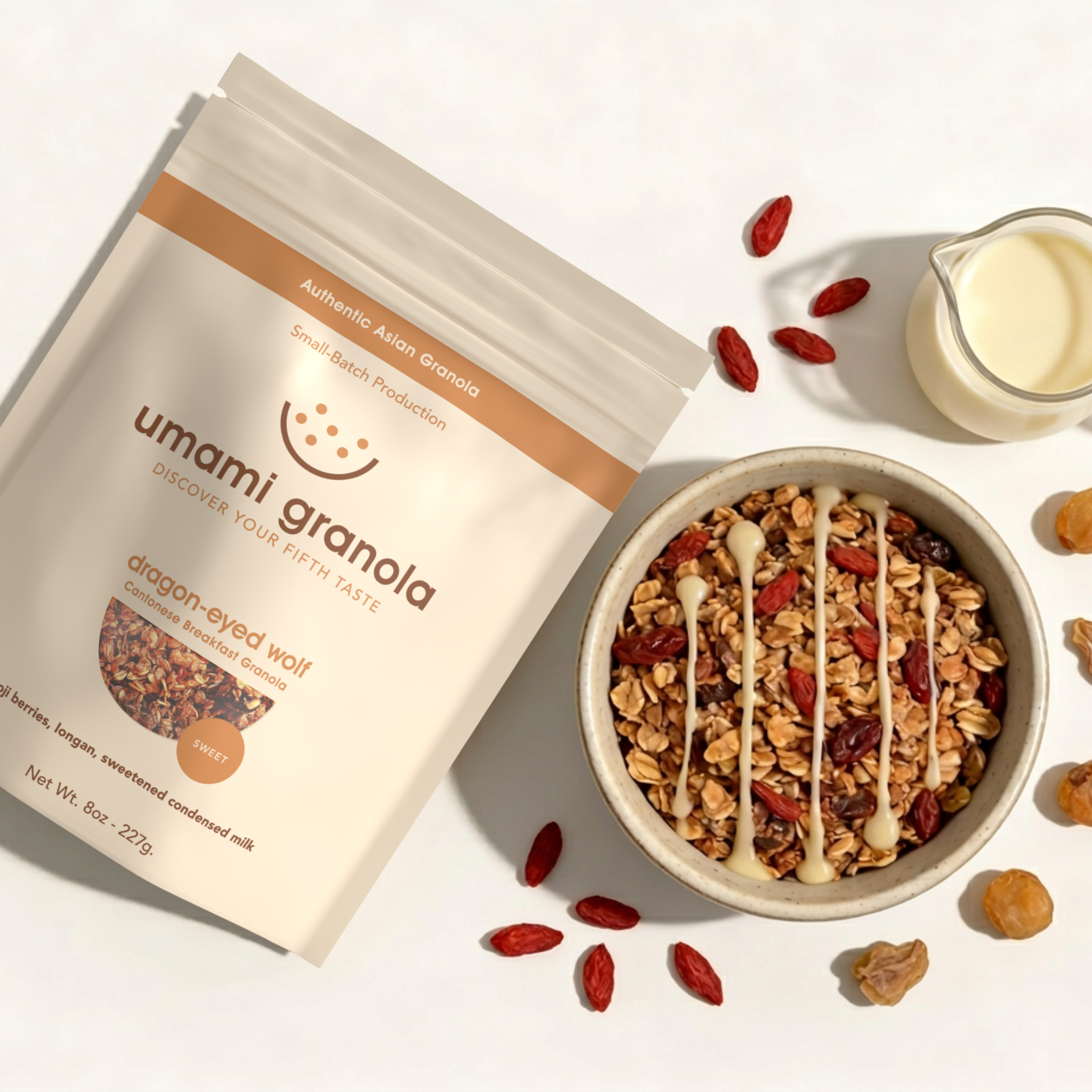 Umami Granola packaging with a bowl of granola and ingredients on a light background