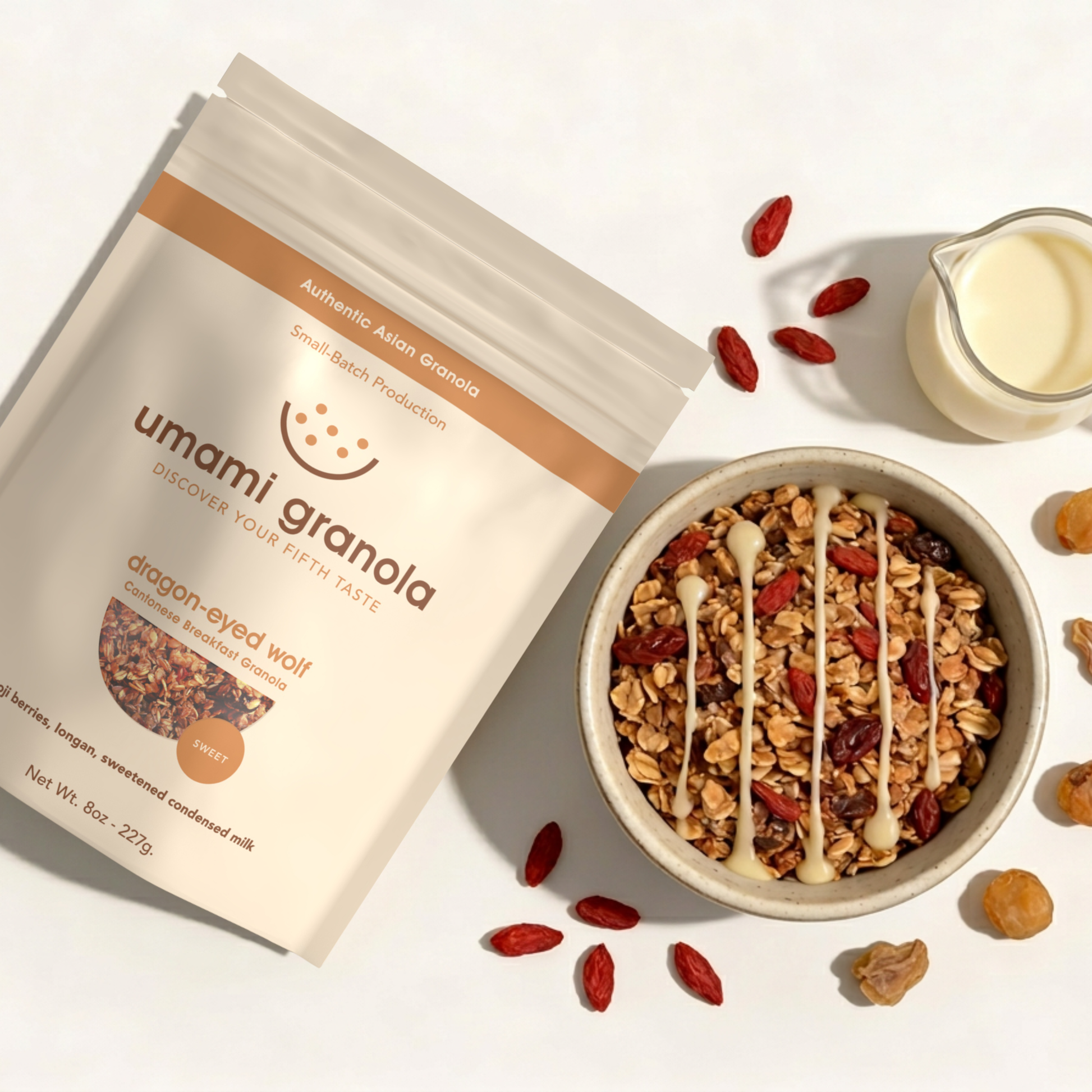 Umami Granola packaging with a bowl of granola and ingredients on a light background
