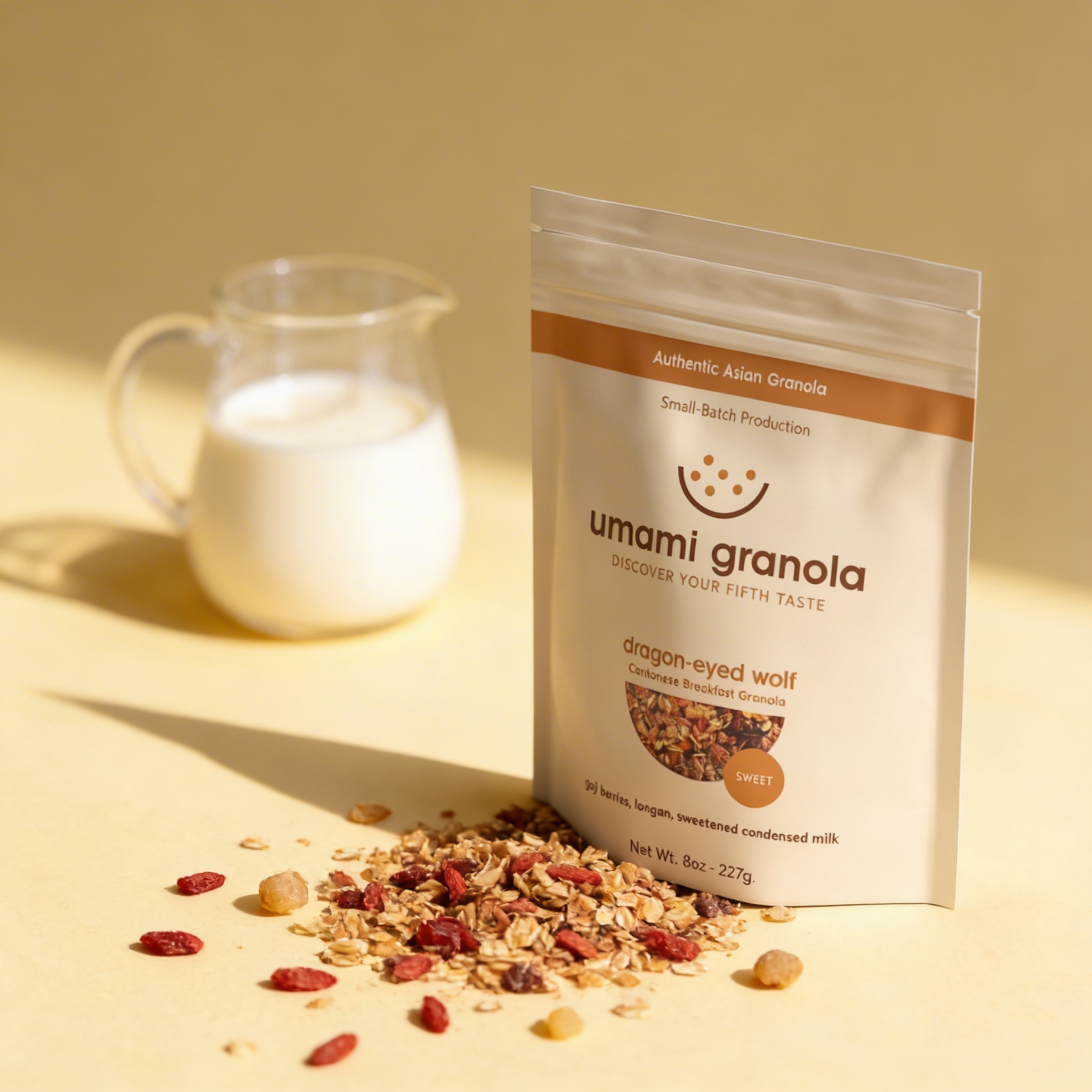Umami Granola package with granola and a glass of condensed milk on a yellow background